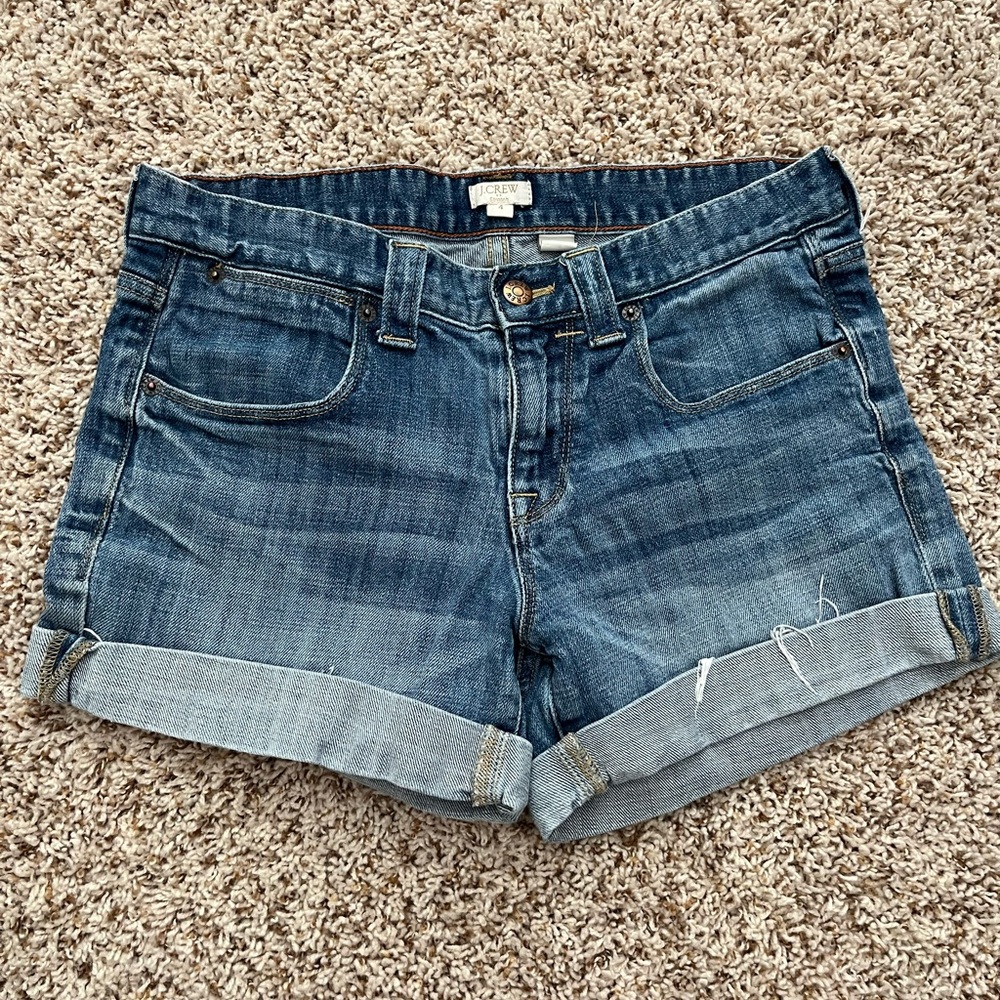 J. Crew Blue Jean Shorts with Cuffed Hem and Distressed Look
